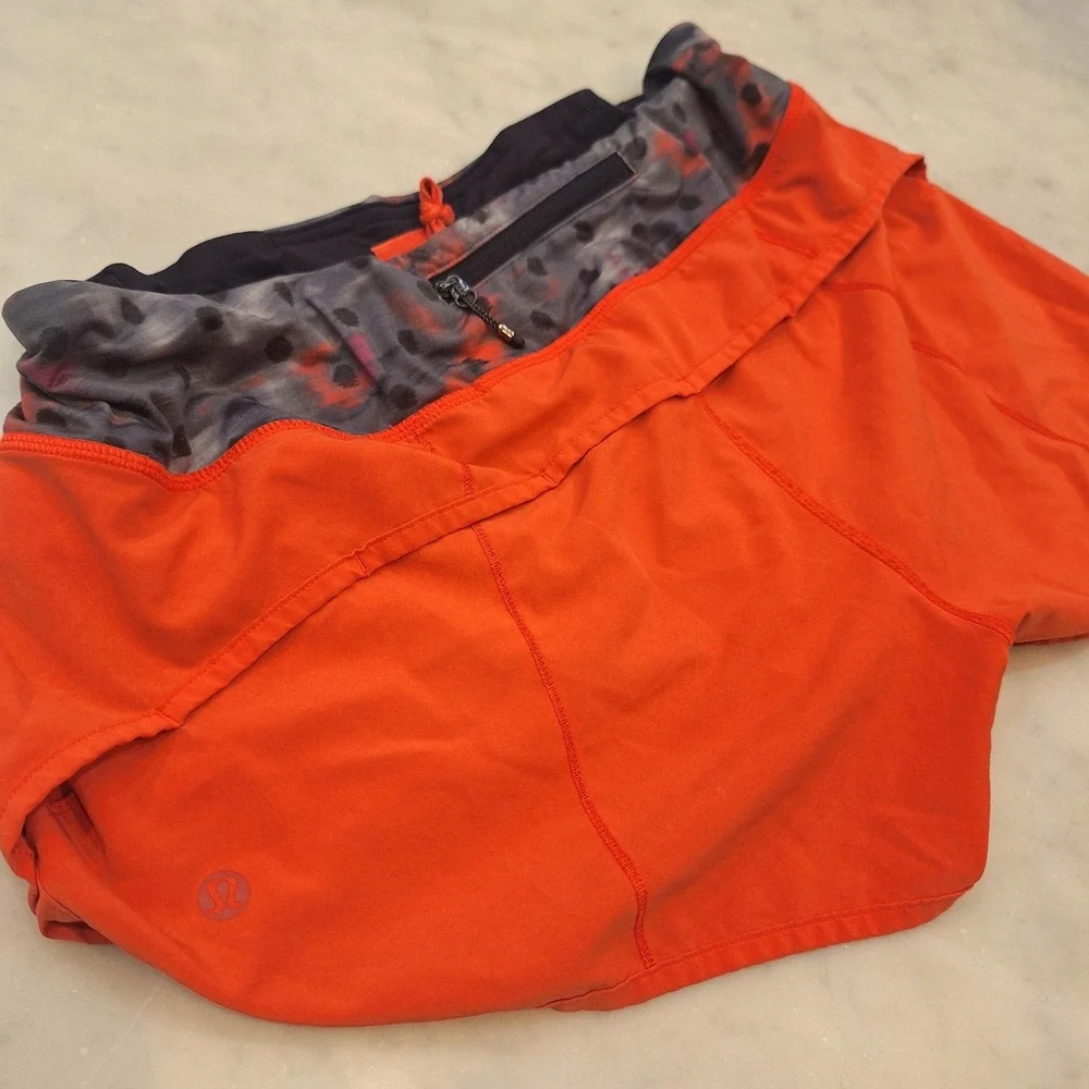 Lululemon Speed Up Shorts Sz 6 Orange Patterned Waistband Running Athletic Cheer